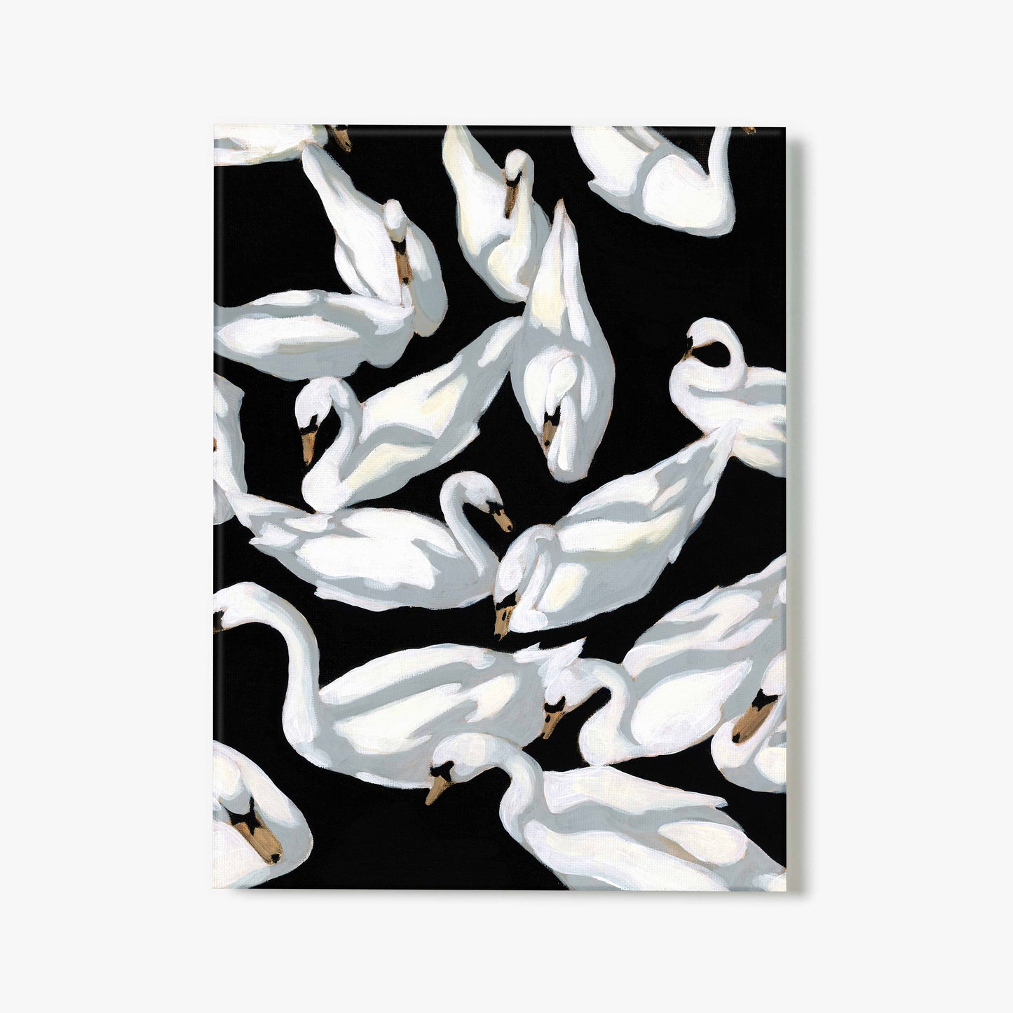 Glass print of painted pattern of white swans on a black background