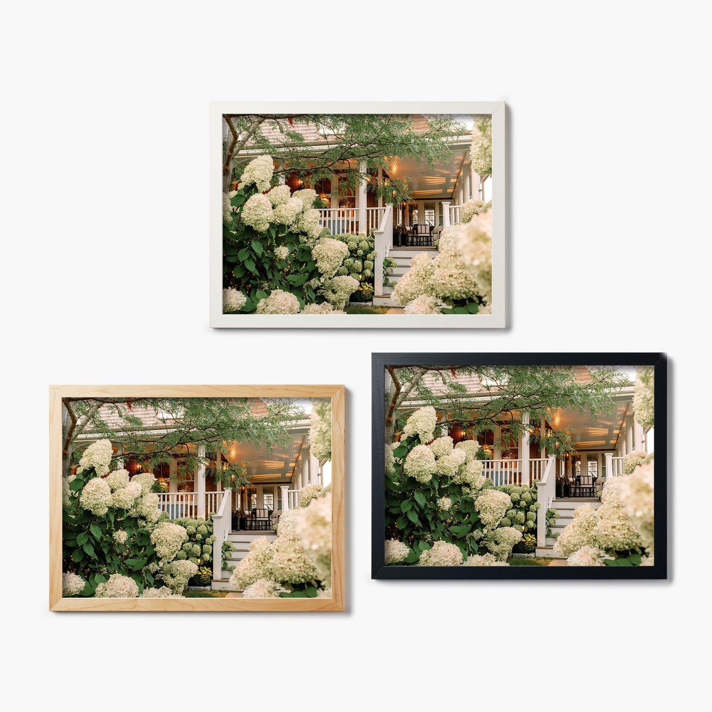 Three framed glass prints of a house with white flowers in front on a white background