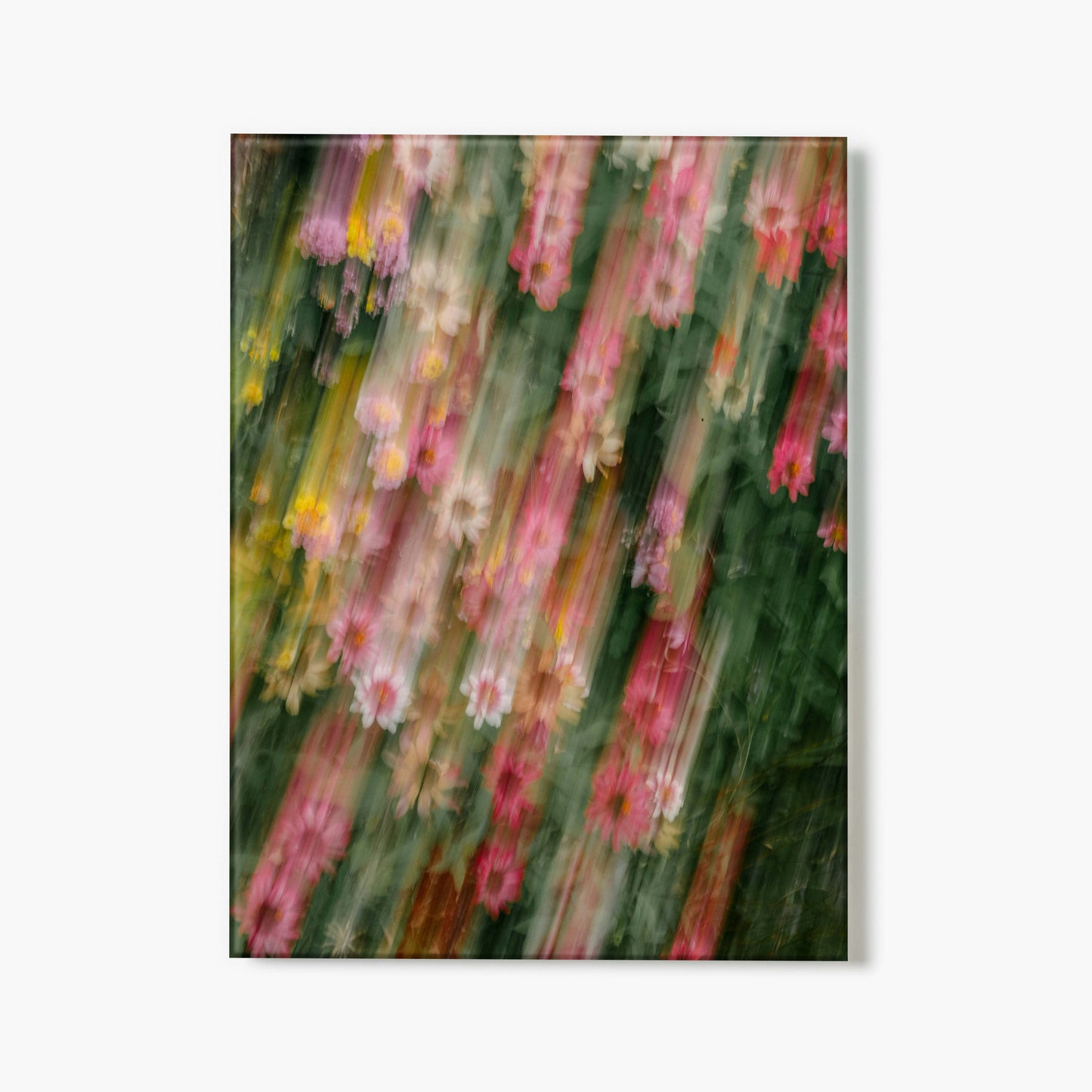 Glass print of an artistically blurred floral photo, with streaks of pink, yellow, and green on a white background