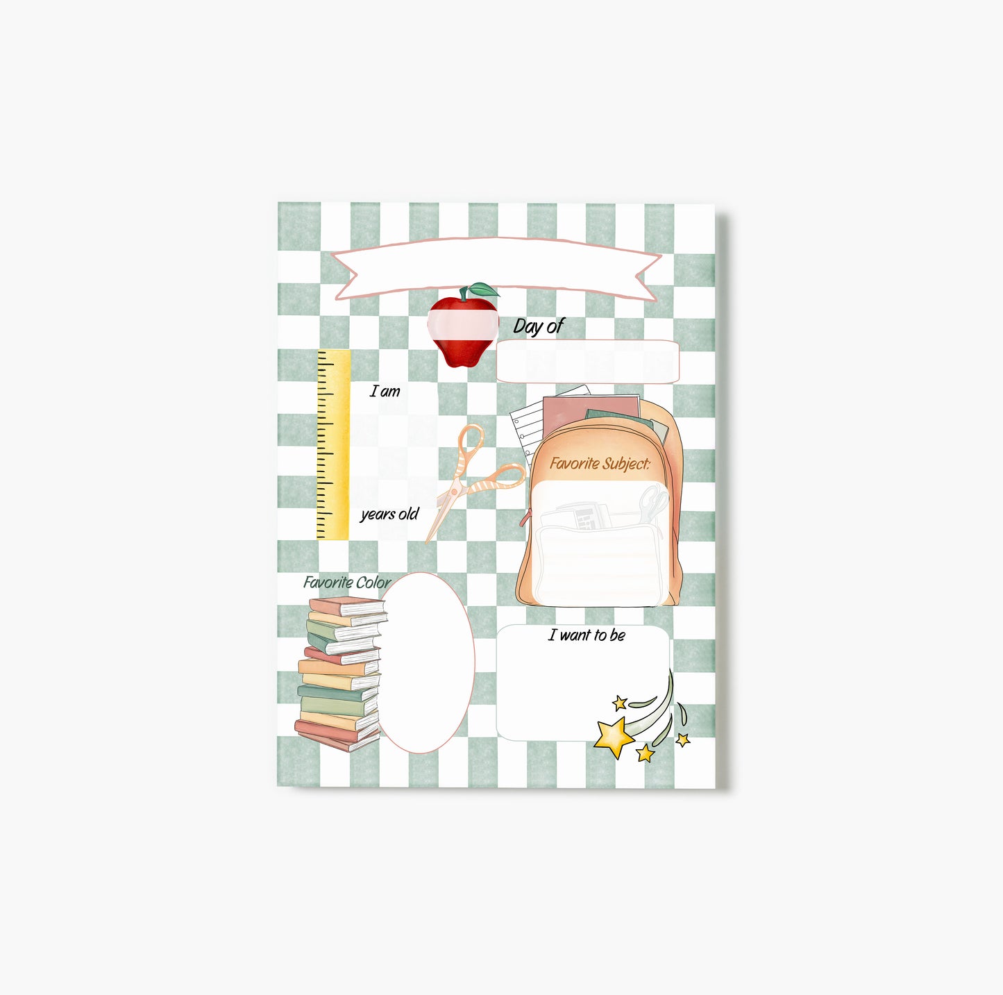 Glass print of a children's milestone board with school-related illustration on a checkered background