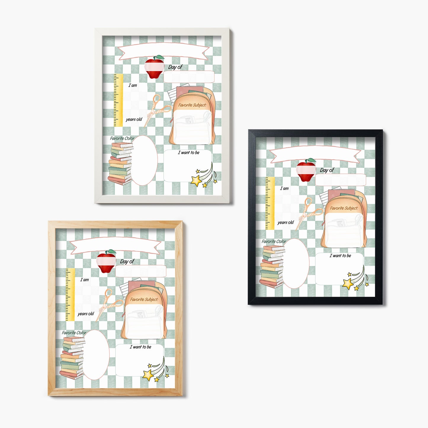 Three framed glass prints of a milestone board template with a checkered pattern on a white background