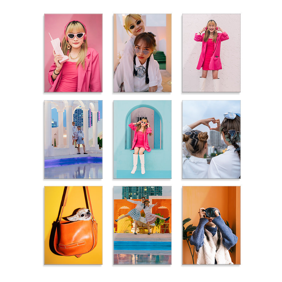 Grid of nine rectangular glass prints featuring people in various poses and settings with colorful backgrounds.
