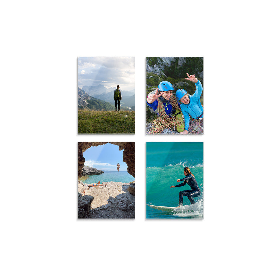 Bundle set of 4 rectangular glass prints featuring outdoor activities and scenic views, on a white background