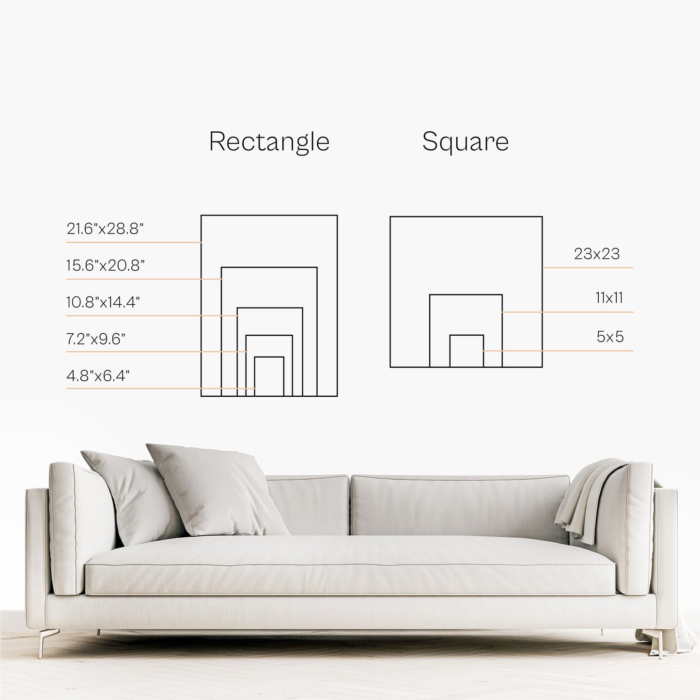 White sofa with outlines of different print sizes above it on a white background