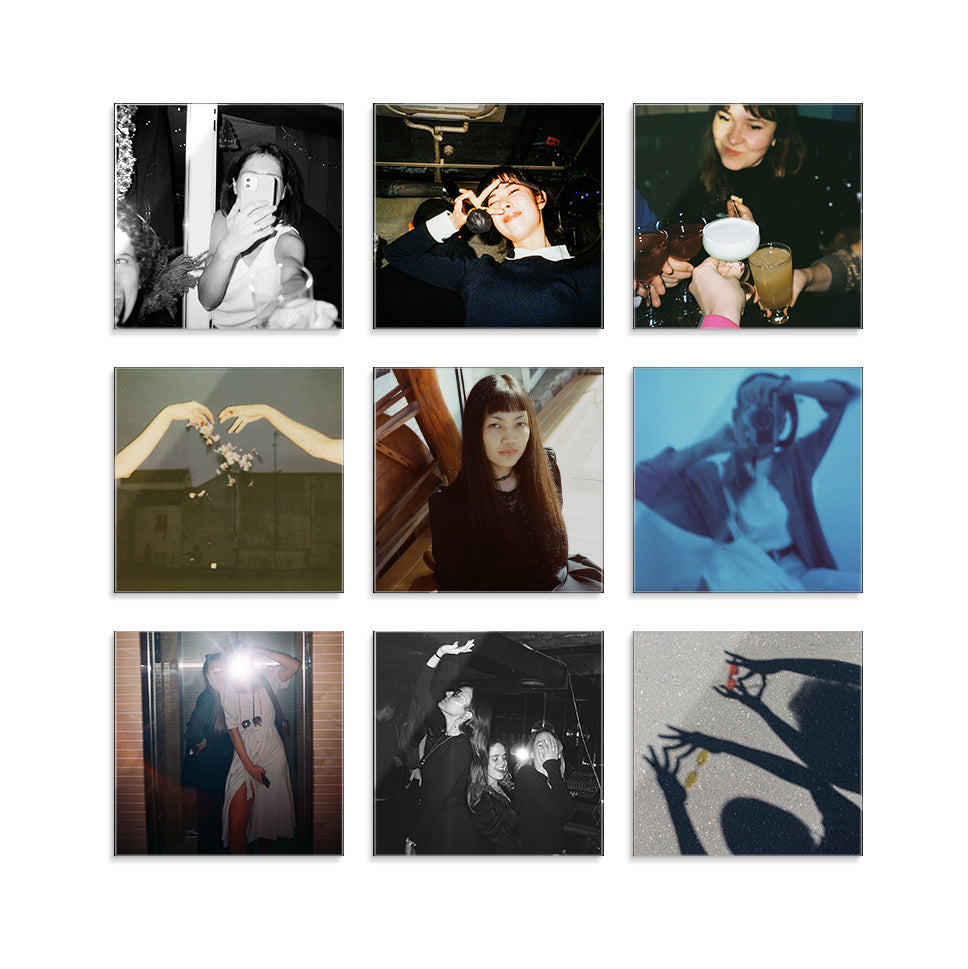 Bundle set grid of nine glass prints in a mix of black and white and color with an artsy, moody vibe—on a white background.