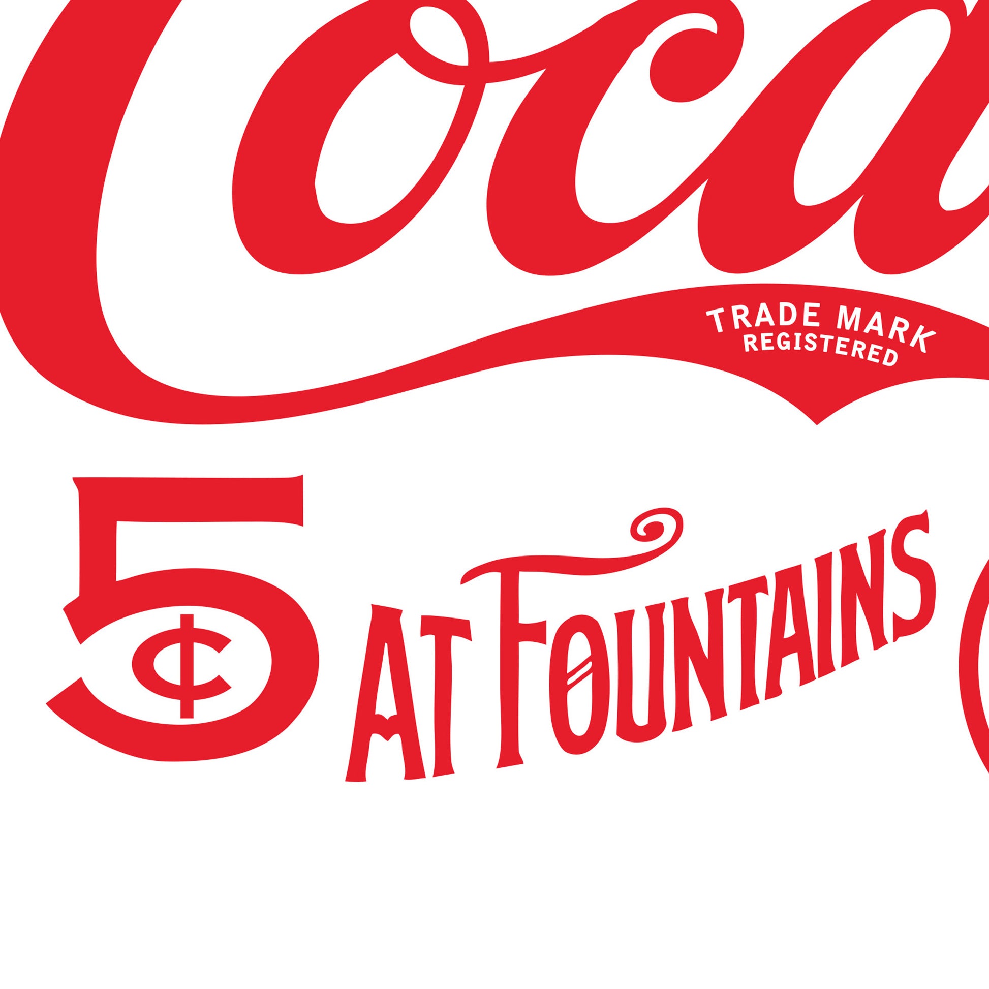 Close up of image with Coca-Cola logo with '5 cents at Fountains' text on a white background
